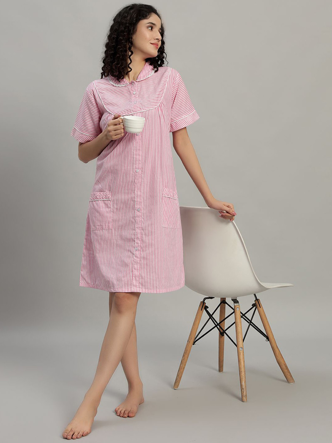 SEPHANI Pink Striped Pure Cotton Knee Length Nightdress