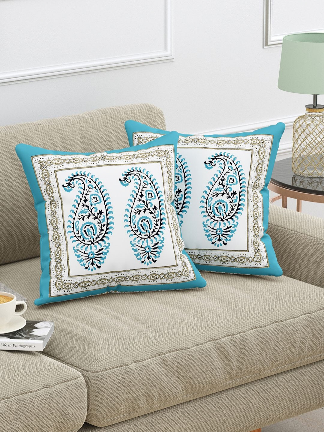 Myntra Elegant Homes Block Printed Motifs Cotton Reversible 2 Pcs Cushion Covers-16x16In