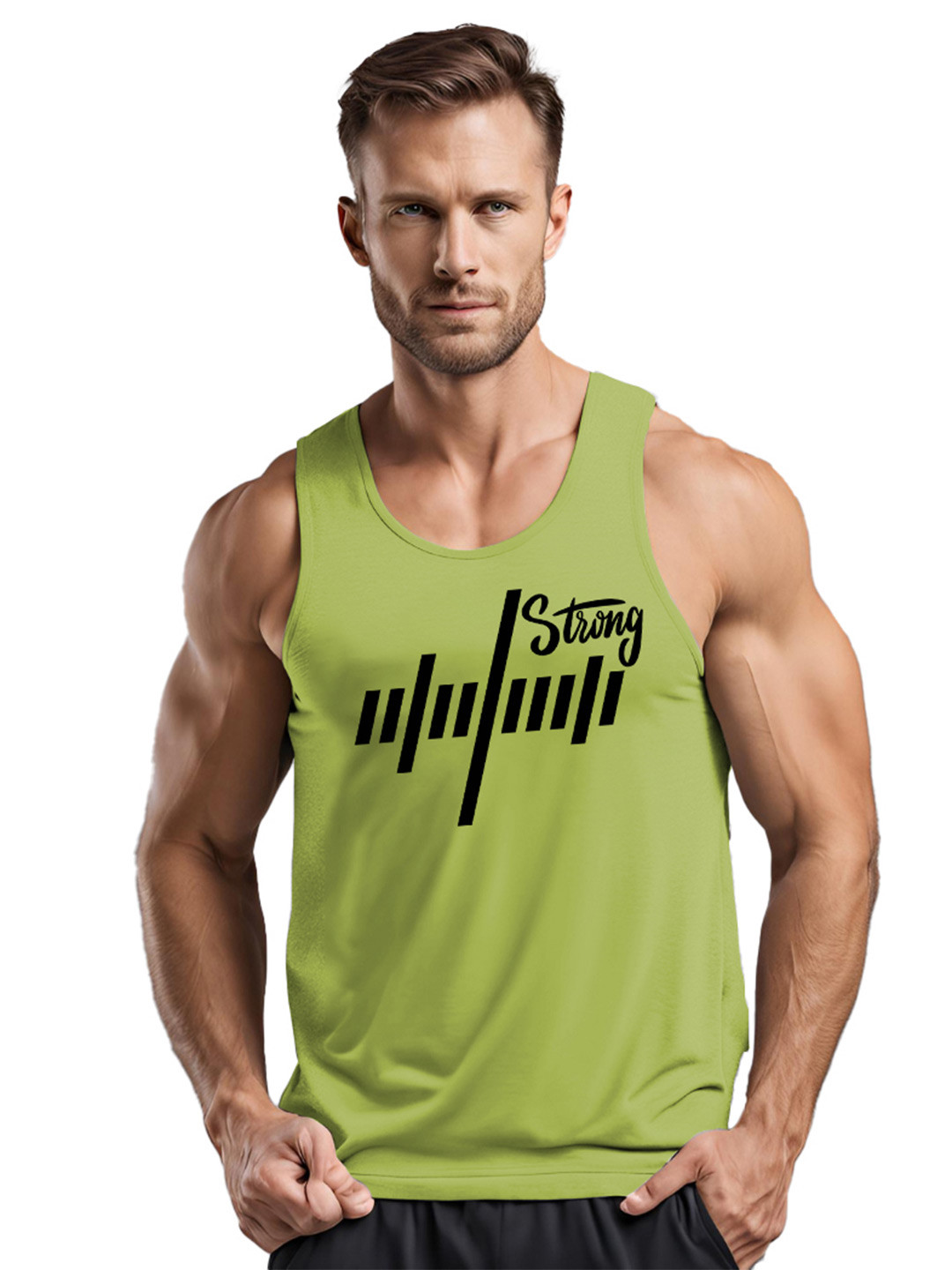 3Colors Printed Scoop Neck Gym Vests VEST-NCUT-LINESRONG-GREEN_M