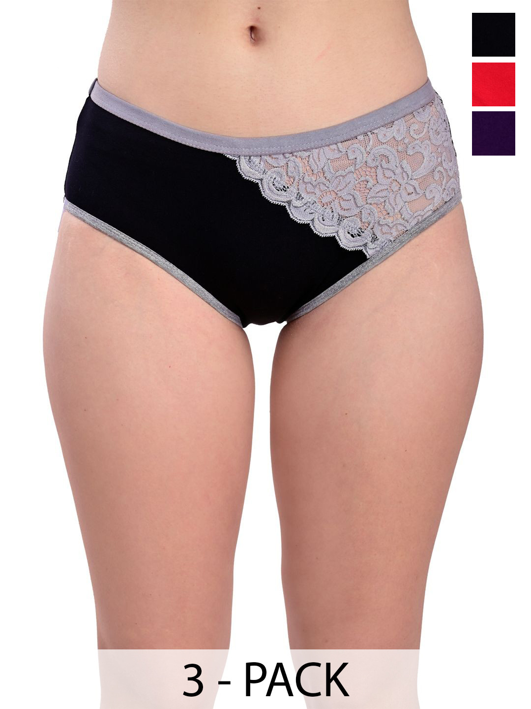 Valles365 by S.C. Pack Of 3 Crossnet Hipster Briefs CRNET3BLKPURRED-S