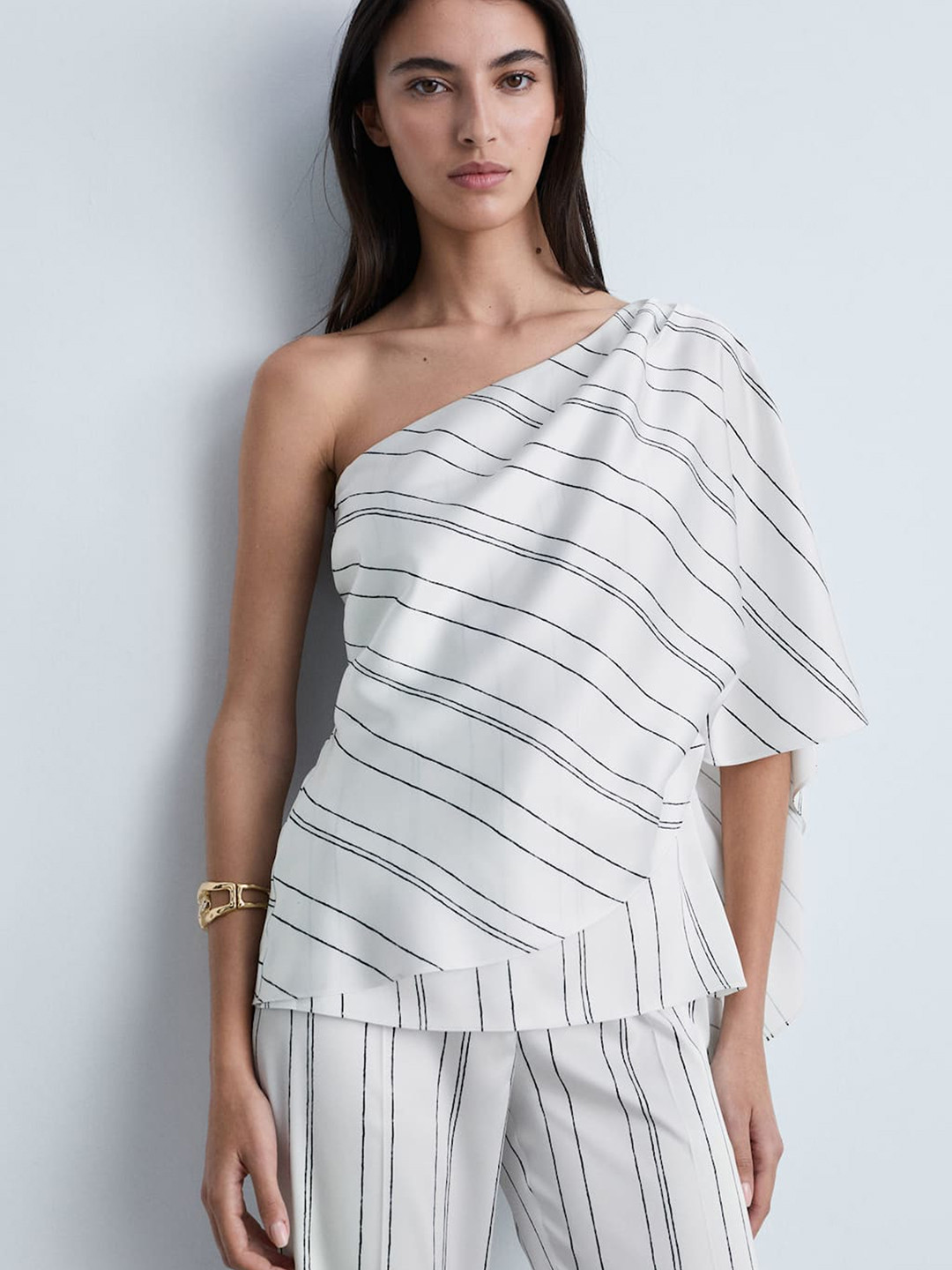 MANGO Variegated Stripes One Shoulder Layered Detail Monochrome Asymmetric Satin Top