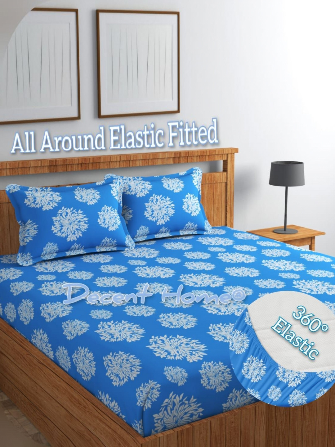 DECENT HOME Blue Floral Cotton 220 TC Fitted Queen Fine Bedsheet with 2 Pillow Covers-90 x 100 inches