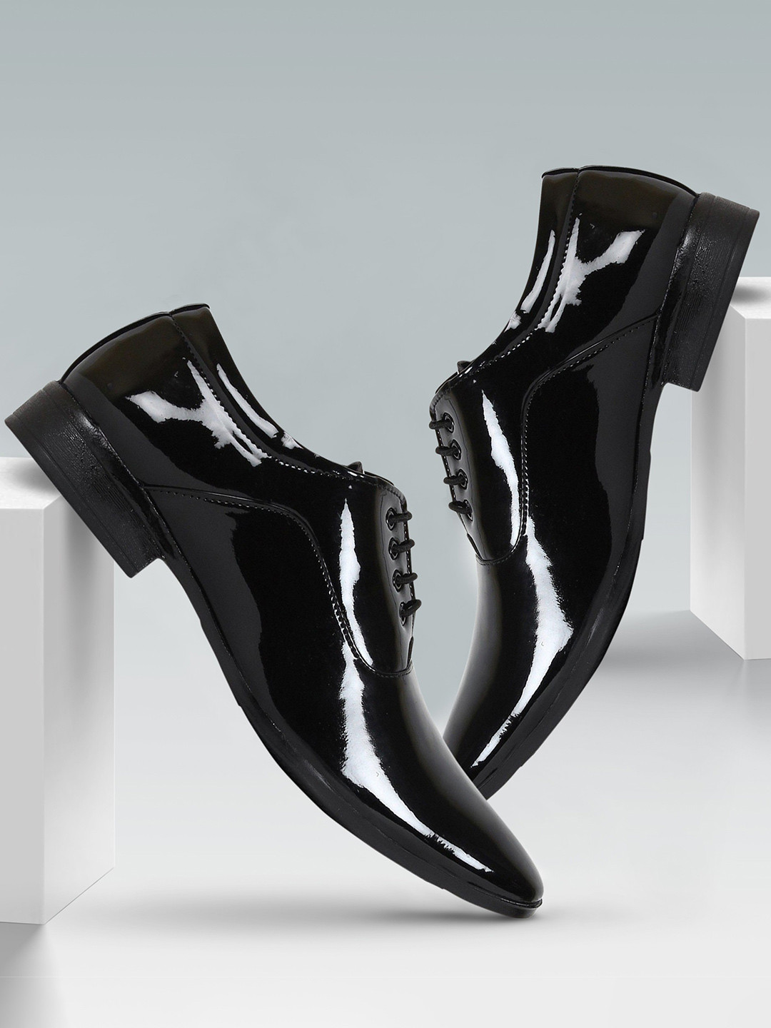 Shoe Island Men Patent Leather M5404 Black Low Ankle Length PU Shoes - Image 1