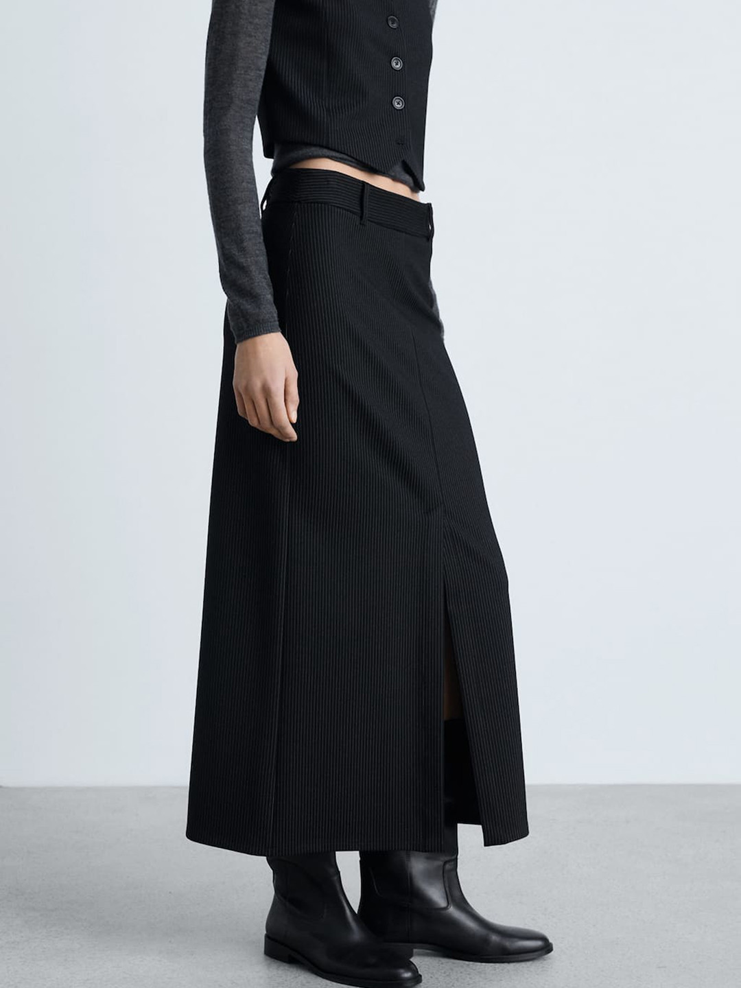 MANGO Pin Striped Maxi Front Slit Skirt