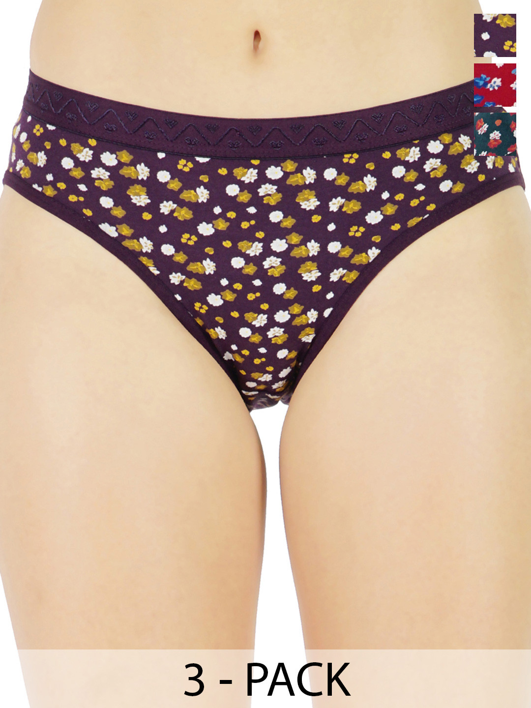 LADYLAND Pack Of 3 Printed Hipster Briefs LD0090-BROWN+TEAL+MAROON-S