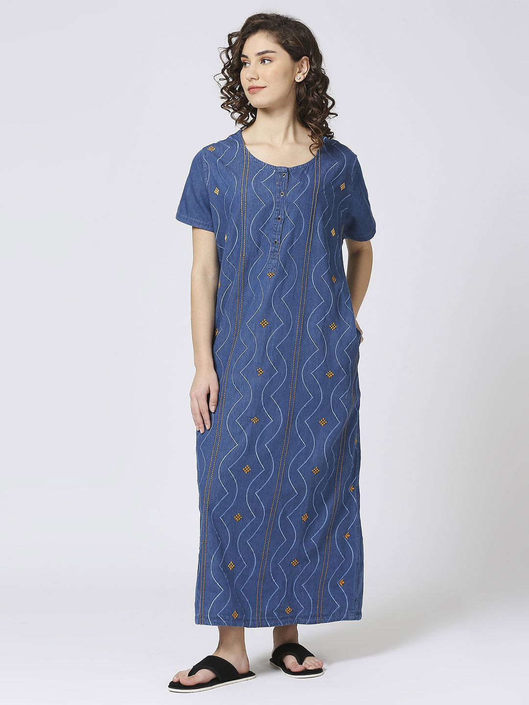 CEFALU Floral Embroidered Denim A-Line Maxi Dress