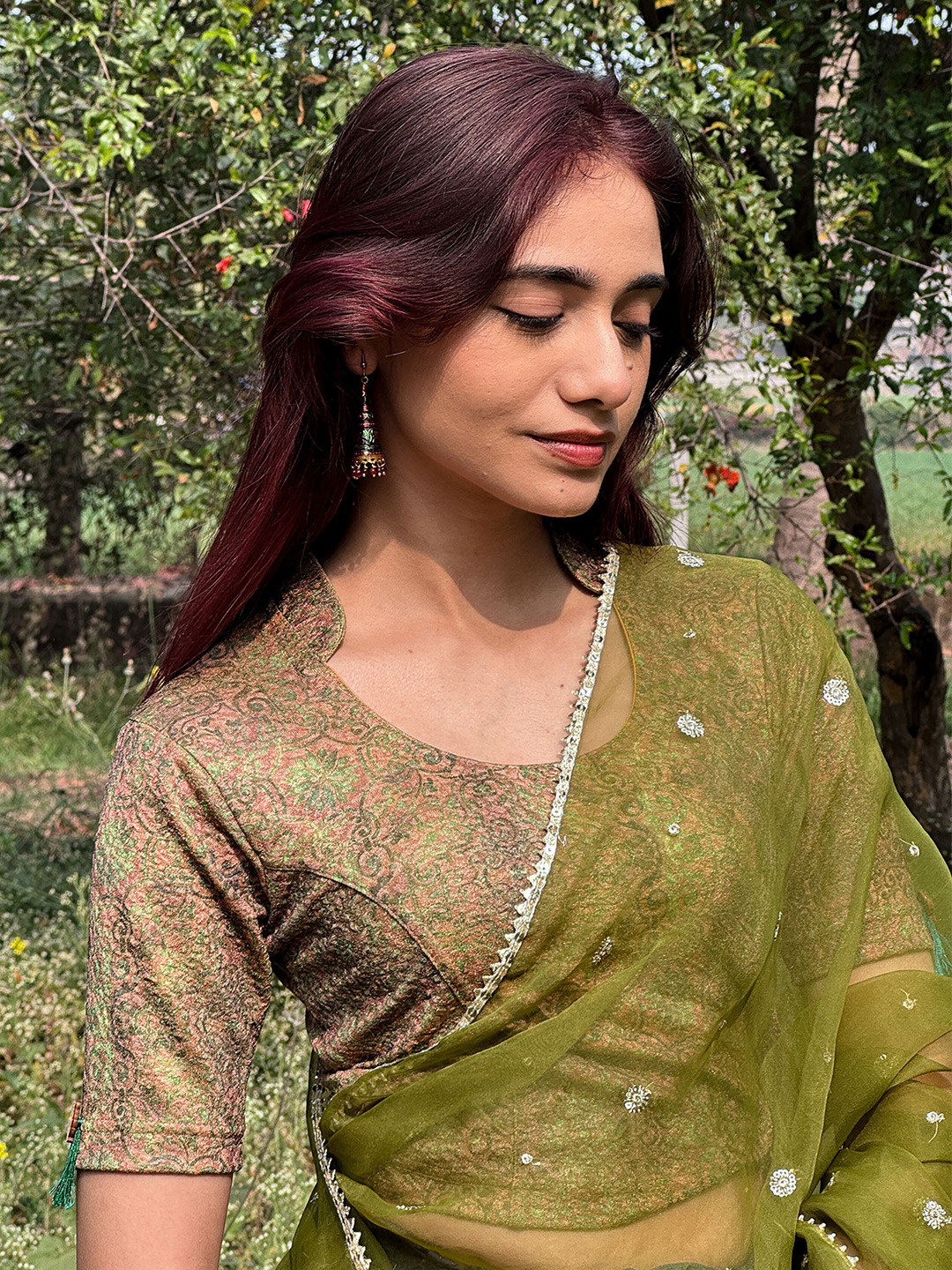 Bindigasm's Advi Printed Mandarin Collar Neck Tassel Stretchable Slip On Saree Blouse