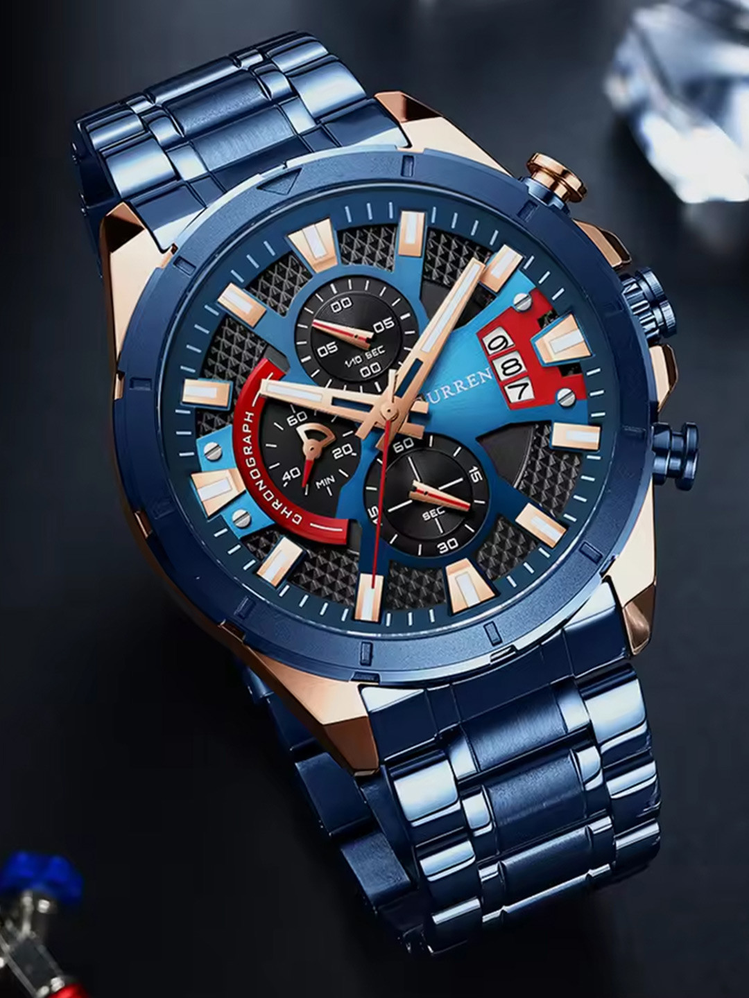 Curren Men Brass Dial & Stainless Steel Bracelet Style Straps Analogue Watch CR-8401-Blue RG