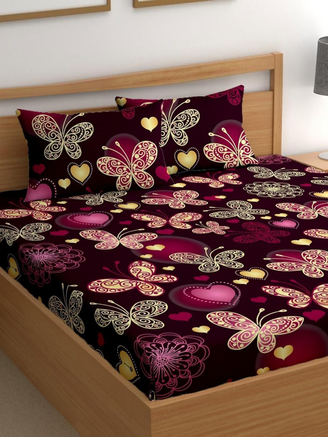 DECENT HOME Red Conversational Cotton 220 TC Fitted Queen Fine Bedsheet with 2 Pillow Covers-228 x 228 cm