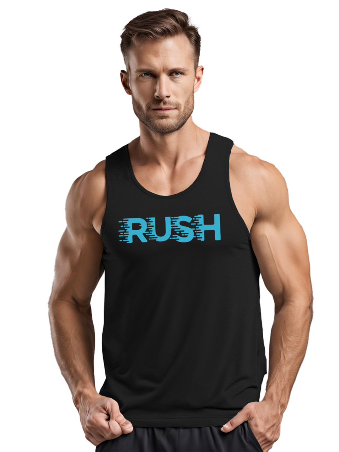 3Colors Printed Round Neck Gym Vest VEST-NCUT-RUSH-BLK_M