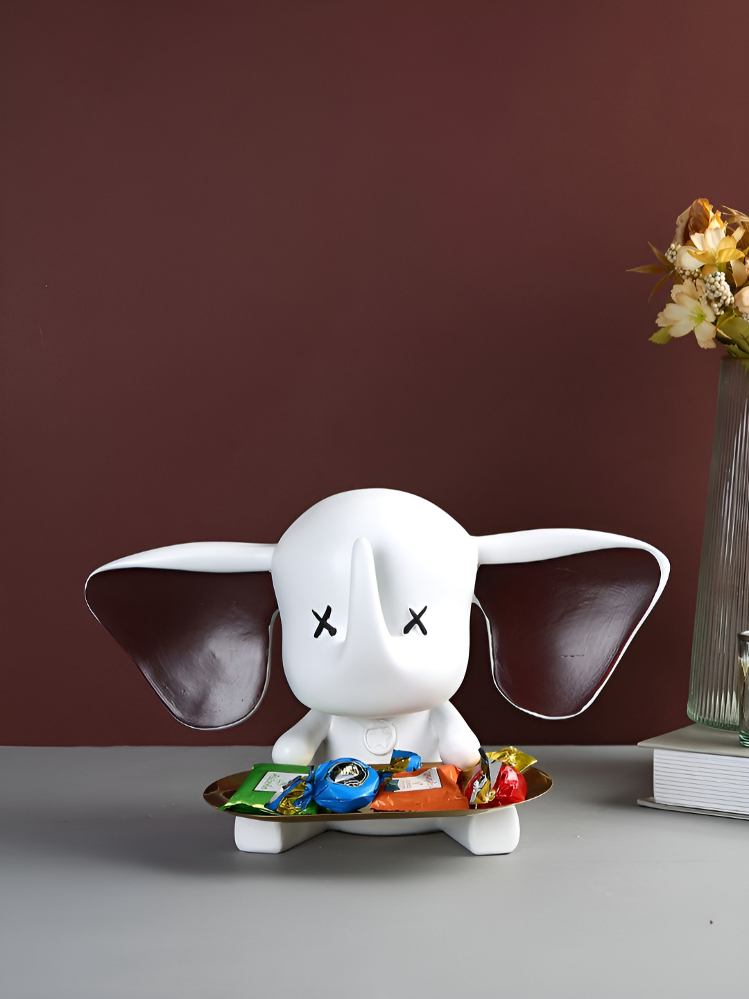 TAYHAA Playful Elephant Tray White Ceramic Matte Living Room Small Showpiece - 7.1 Inches