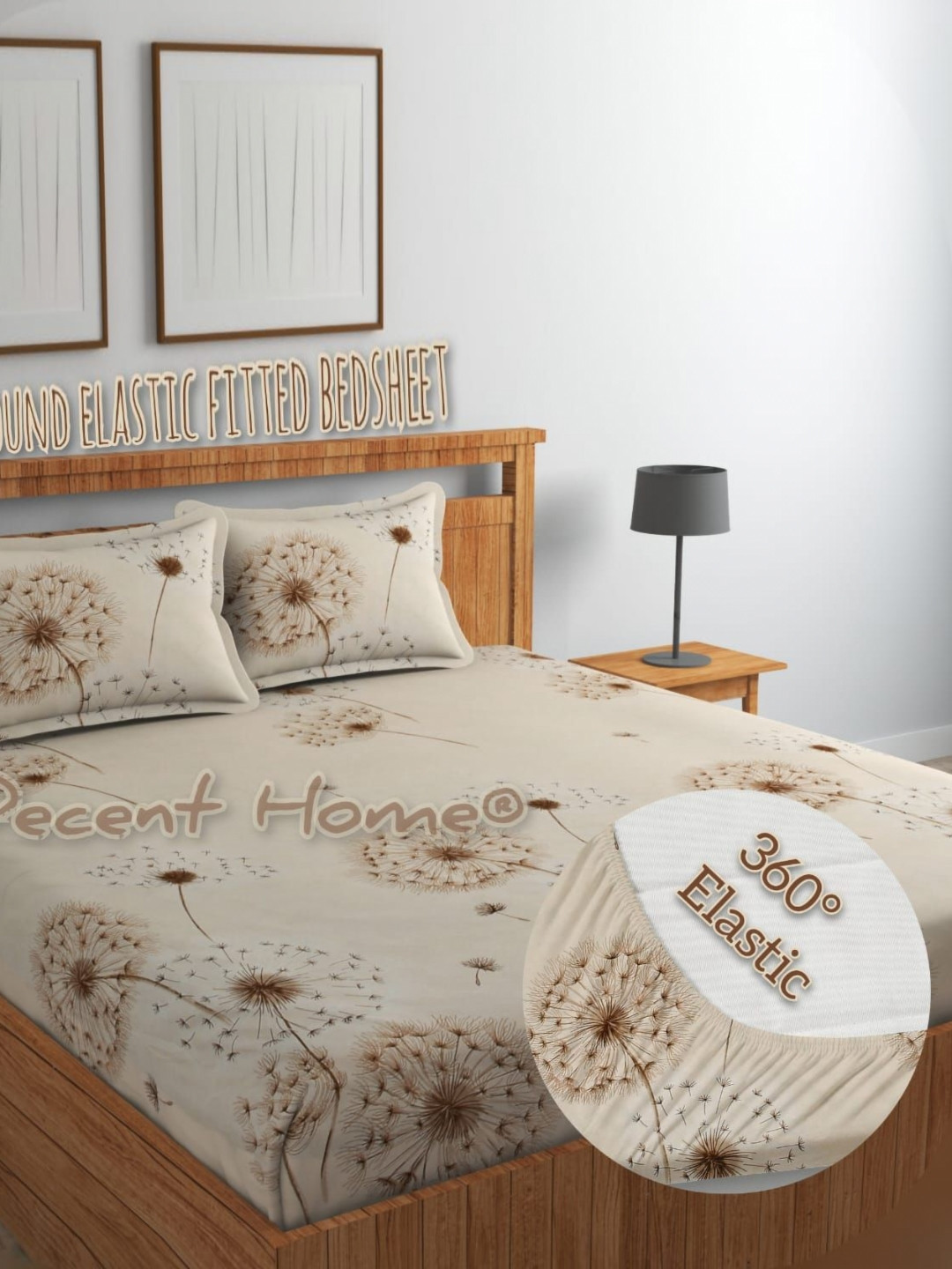 DECENT HOME Mansion Cream Floral Cotton 220 TC Fitted Queen Fine Bedsheet with 2 Pillow Covers-270 x 225 cm