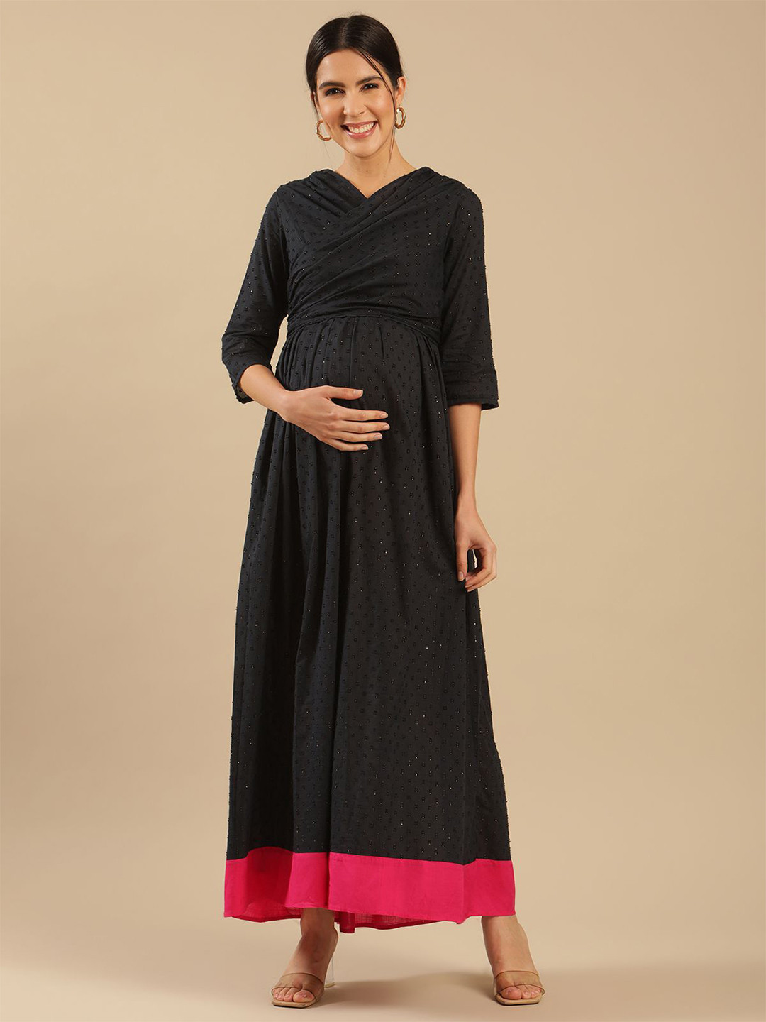 Shades of Sabi Maxi Maternity DressNavy Blue Cotton Solid V-Neck Wrap Maternity Dress