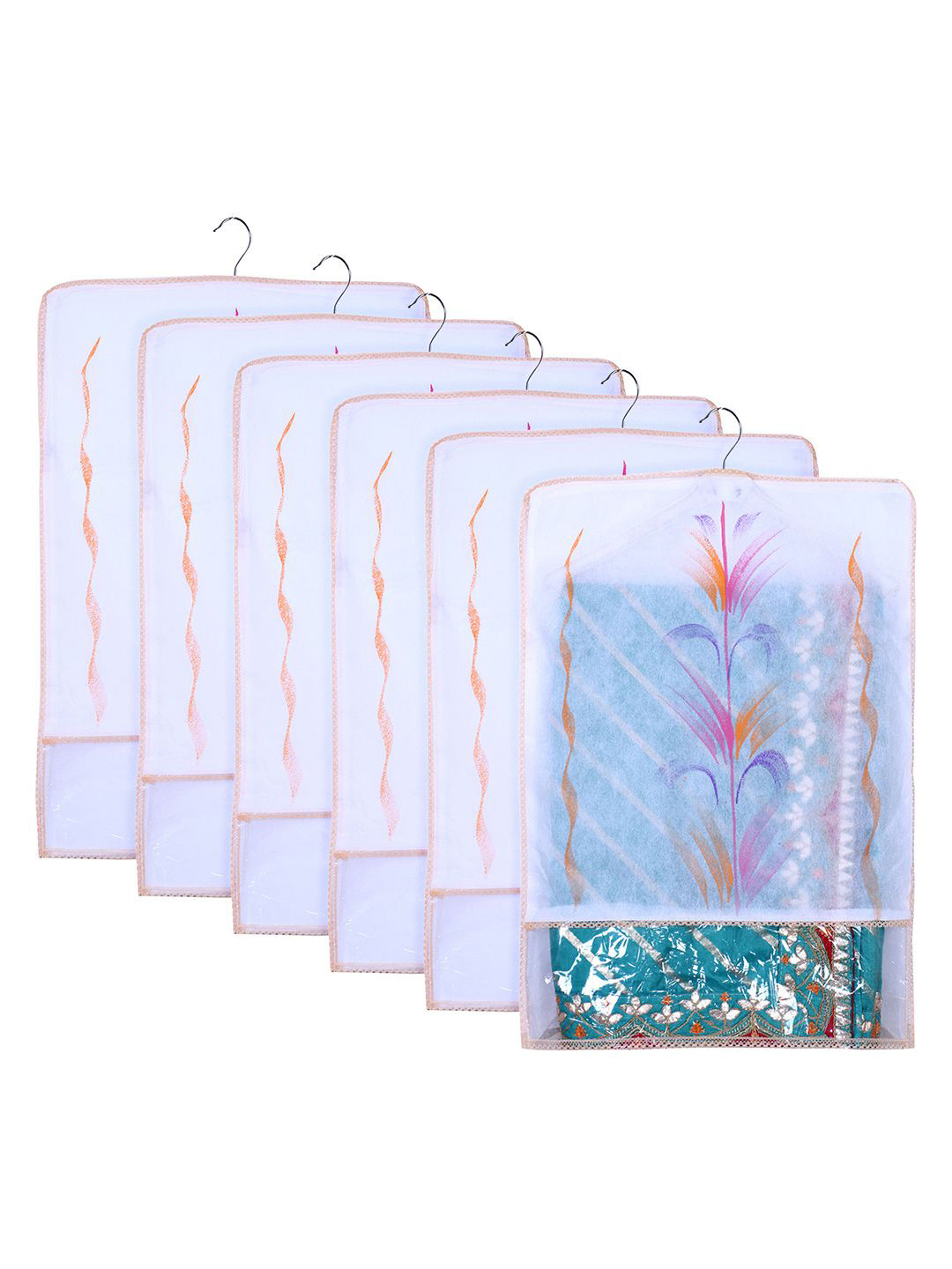 Kuber Industries Orange Colored & Transparent Set of 6 Printed Hanging Saree Covers