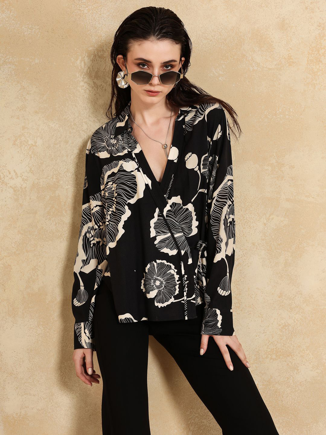 Kazo Dominika Women Floral Printed Shirt Collar Wrap Top