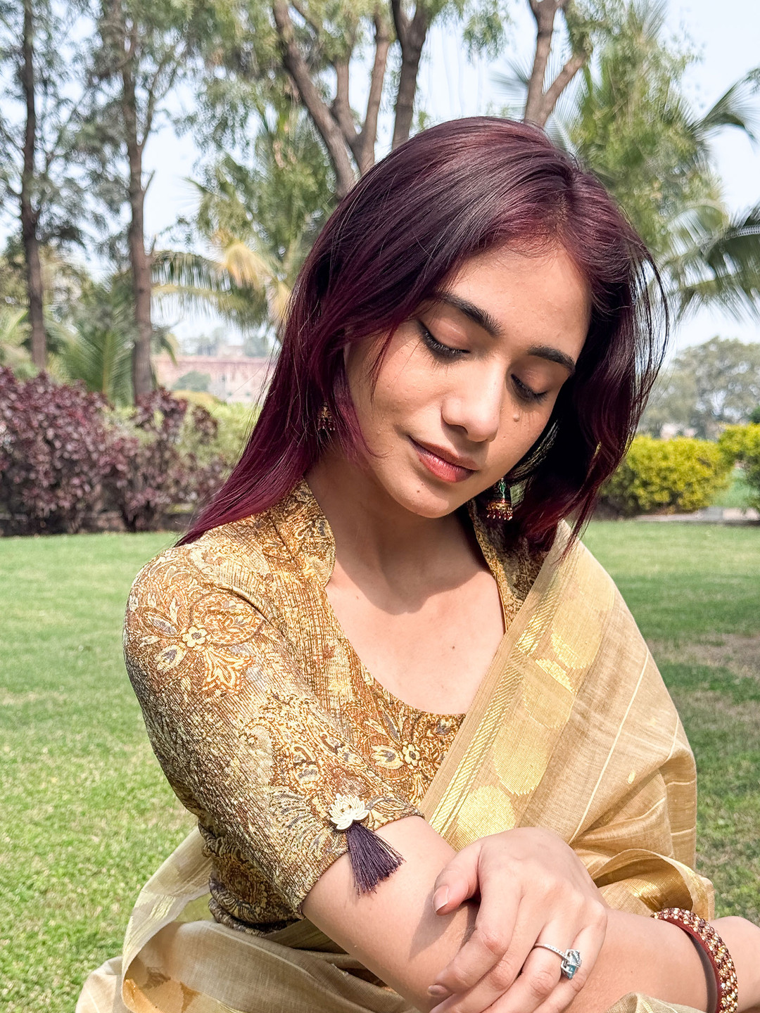 Bindigasm's Advi  Printed  High Neck Collar Tassel Stretchable Slip On Blouse