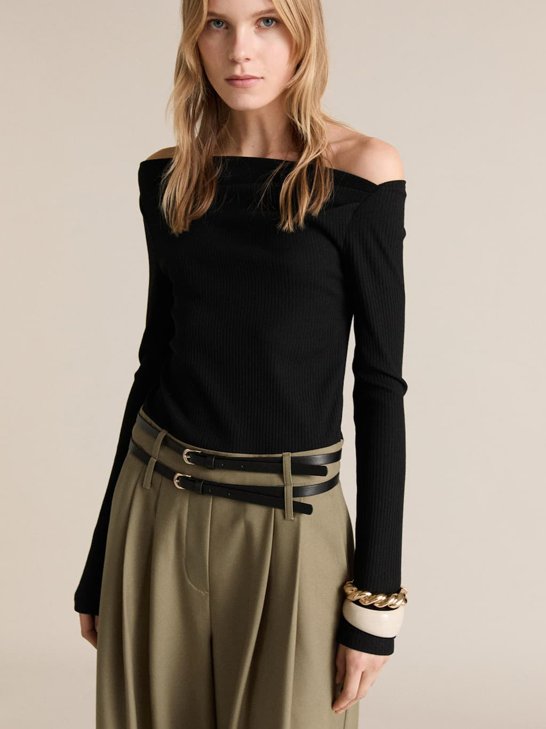 MANGO Combined-Fabric Belted Jumpsuit