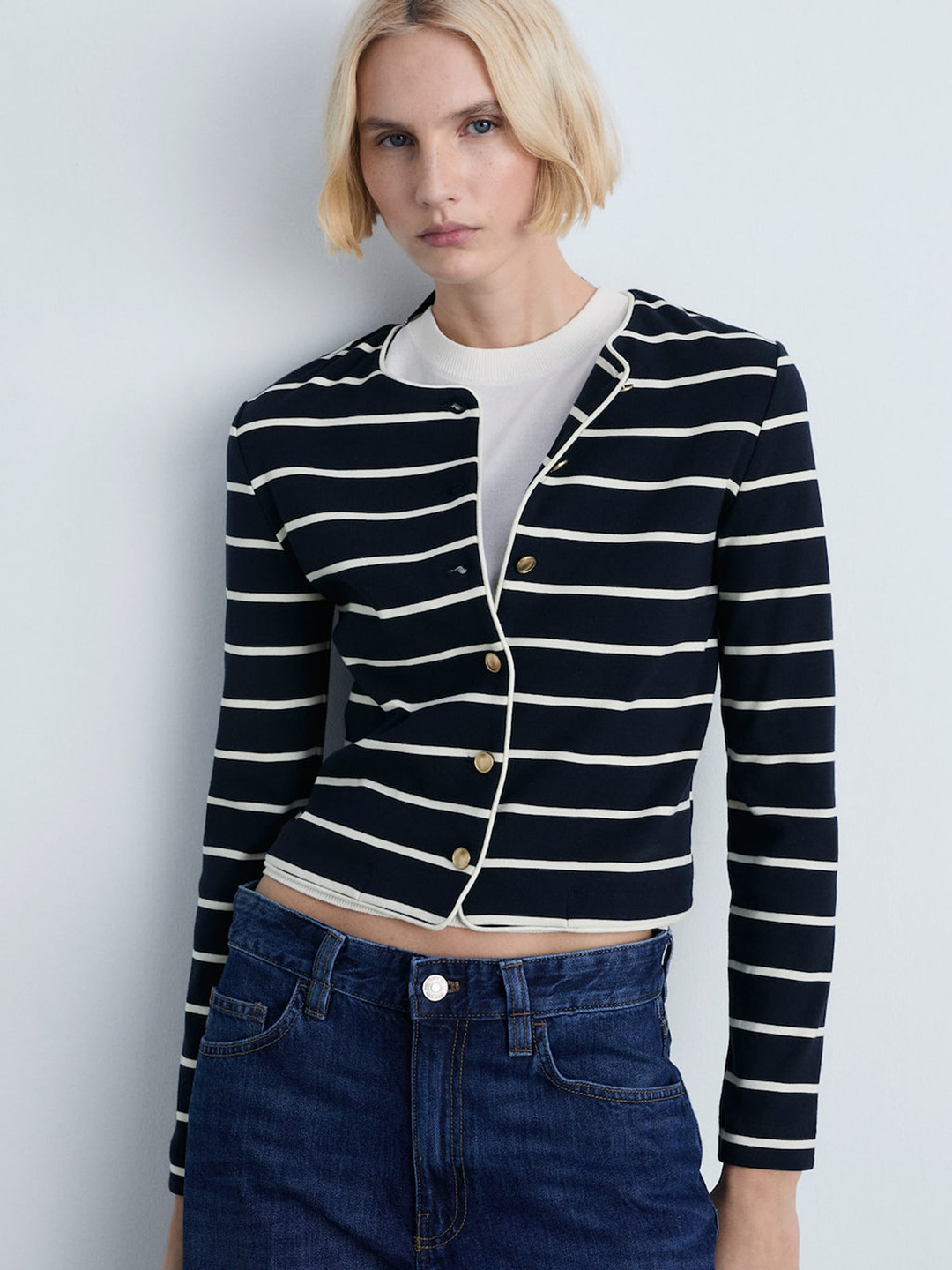 MANGO Horizontally Striped Pure Cotton Button-Up Cardigan