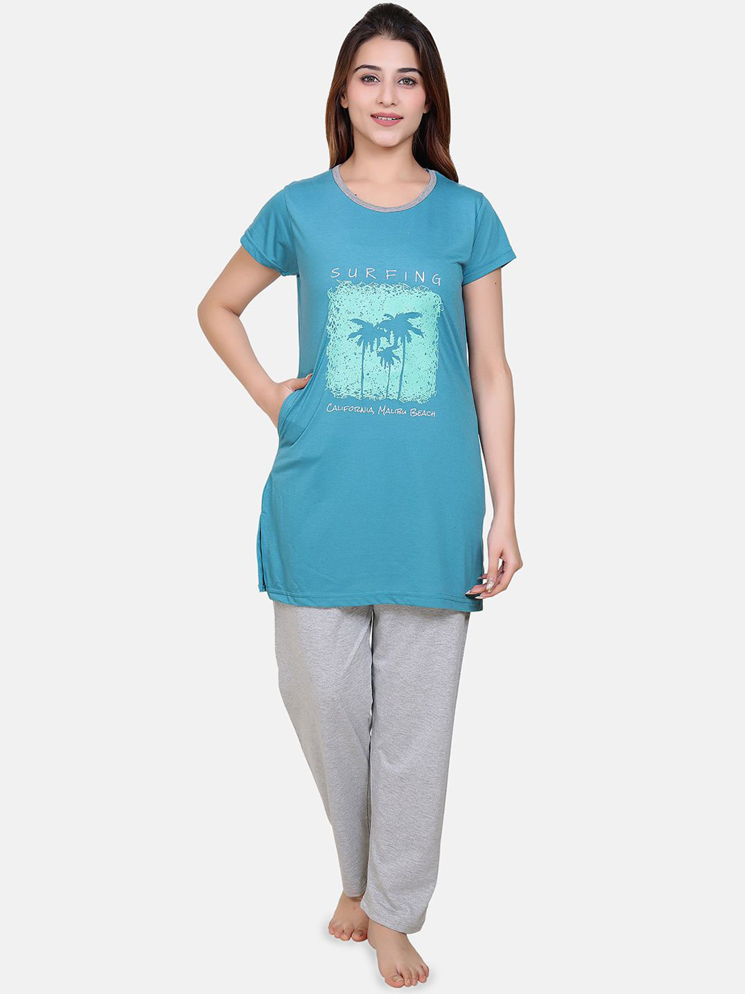 Divine Girl Women Printed Round Neck Night Suit