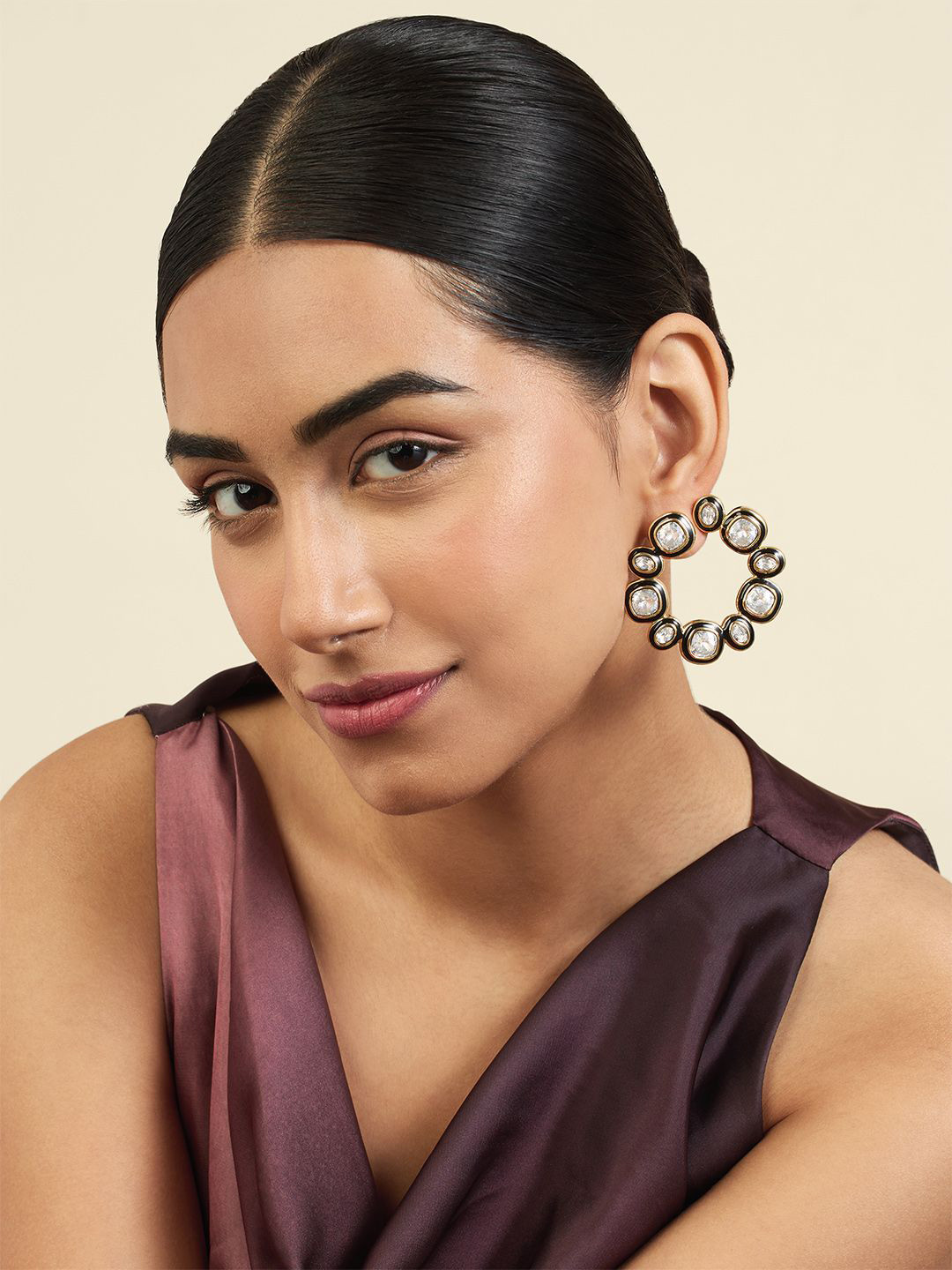 Isharya Seafoam 18Kt Gold Plated Crystals Studded Contemporary Studs Earrings