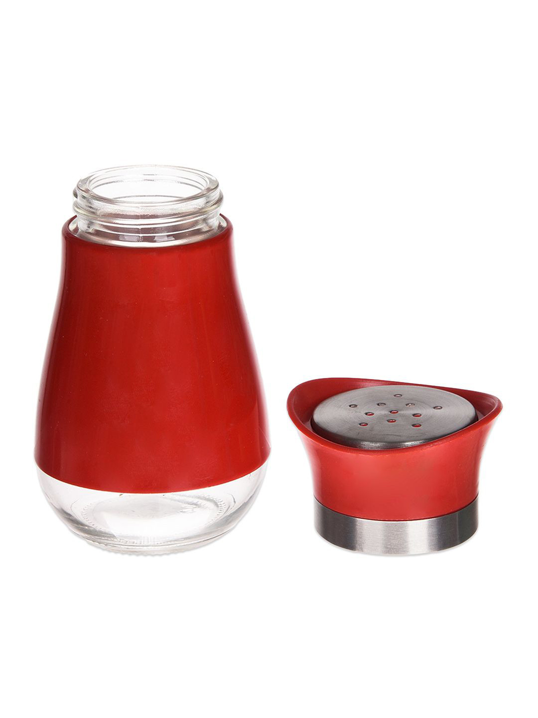 Kuber Industries Red & Silver Toned 2 Pieces Stainless Steel Salt and Pepper Shakers