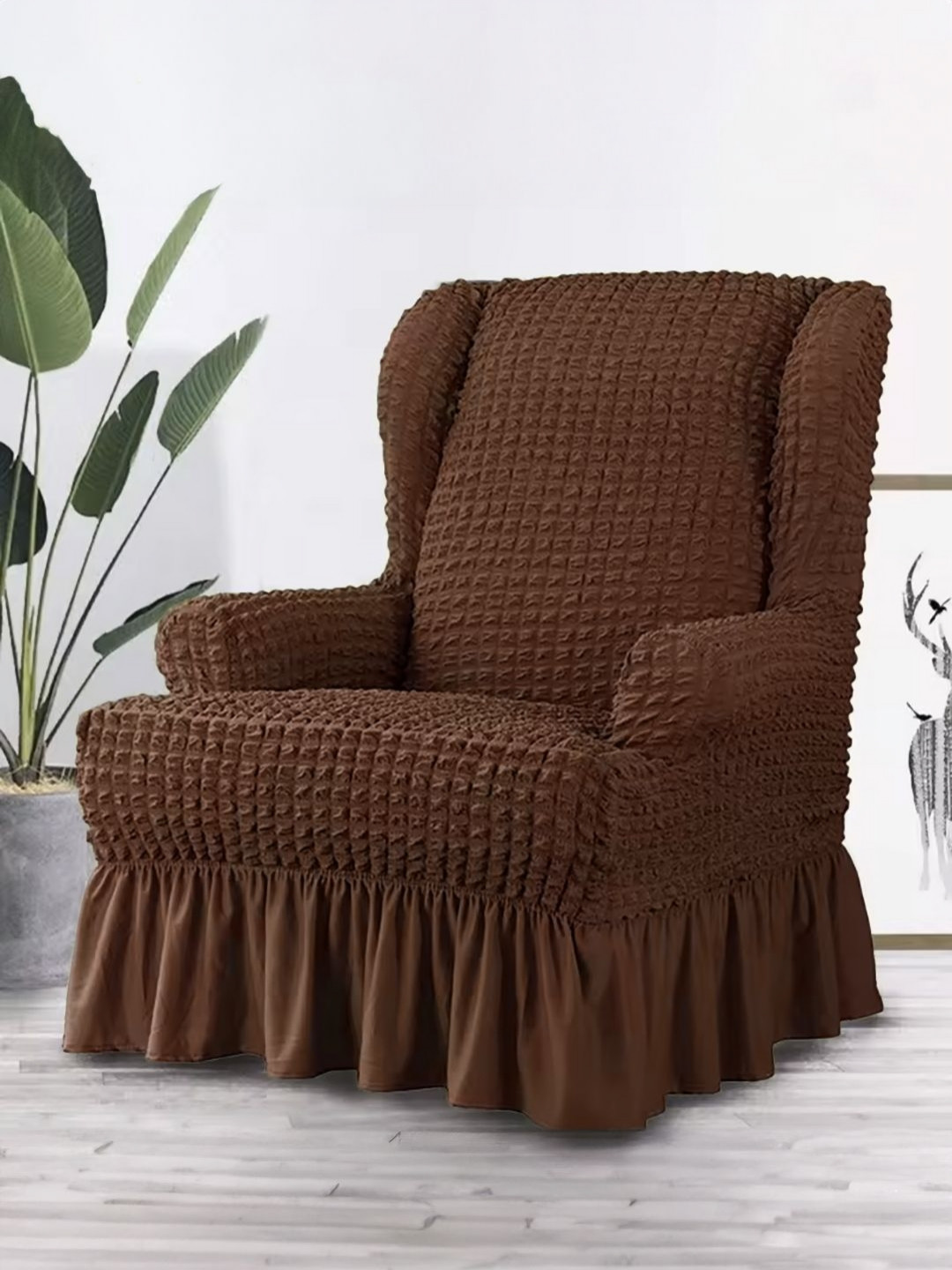 Myntra Elegant Homes Brown Bubble Stretchable Wing Chair Cover With Arms