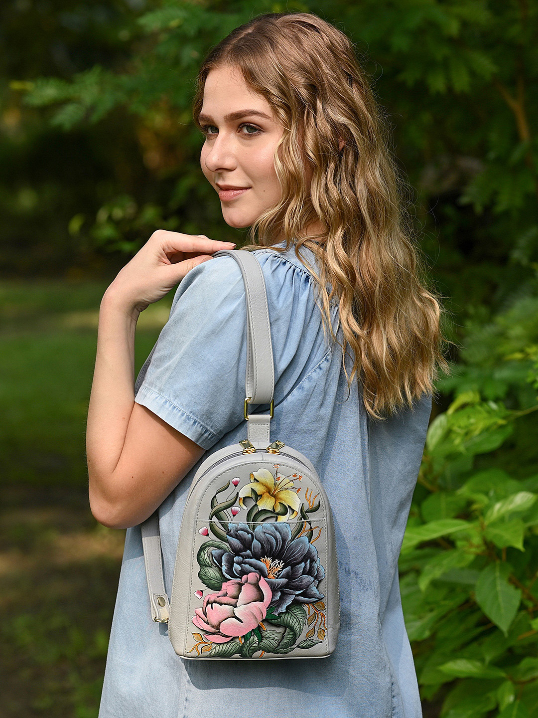 Anuschka Hand Painted Ethereal Garden Leather Sling Bag