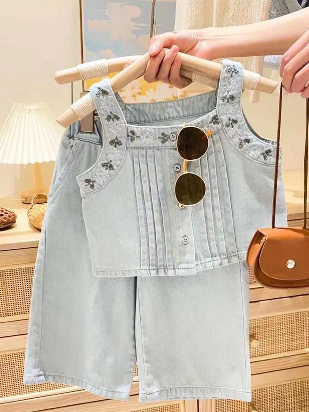 Xsole Girls Square Neck Embroidered Top With Trousers