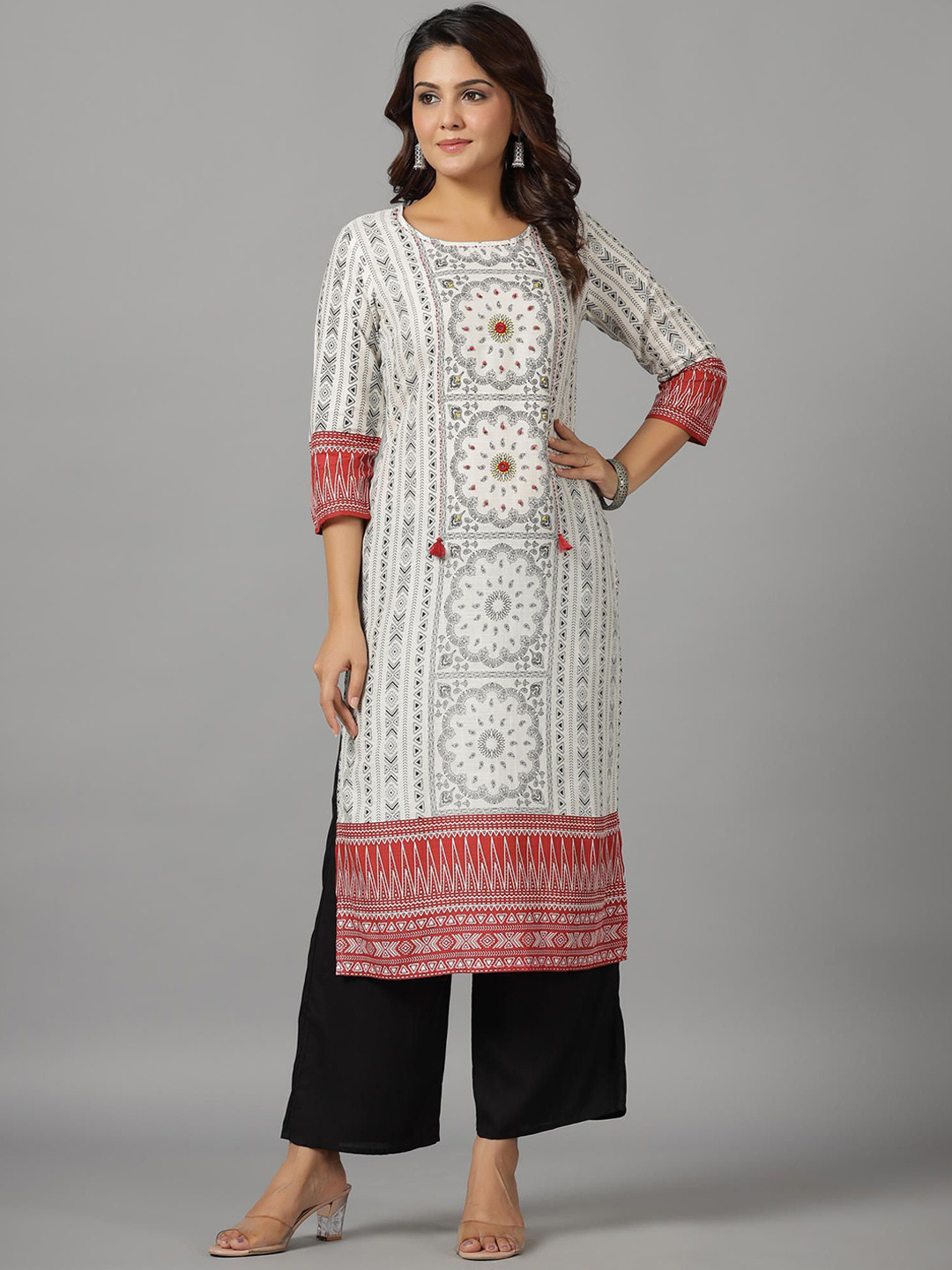 Juniper Ethnic Motifs Printed Round Neck Beads Work Straight Kurta