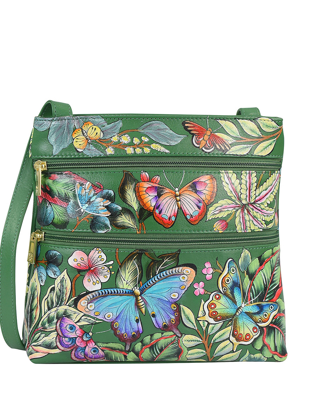 Anuschka Hand Painted Dancing Leaves Leather Medium Crossbody With Double Zip Pockets