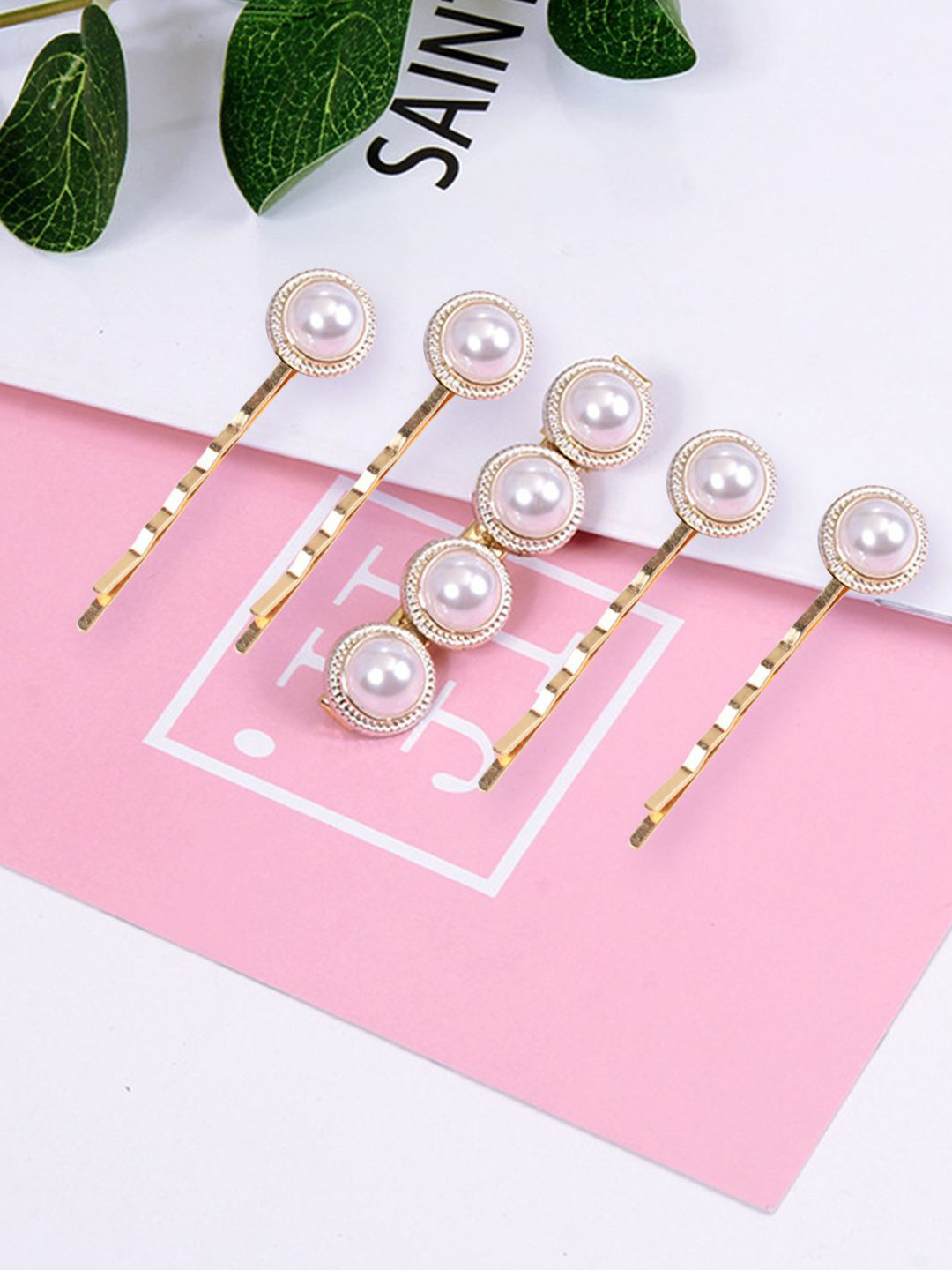 LYKAA Set of 5 Golden Stylish Pearl Golden Metal Hair Pins