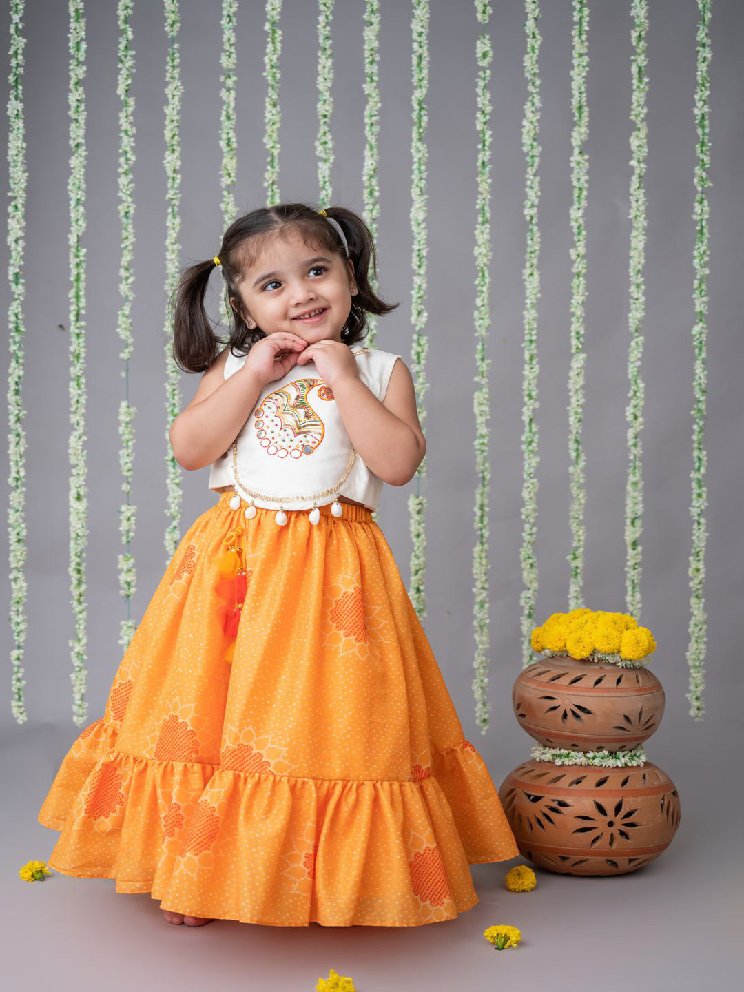 LABEL NEETI Girls Embroidered Thread Work Ready to Wear Top & Lehenga