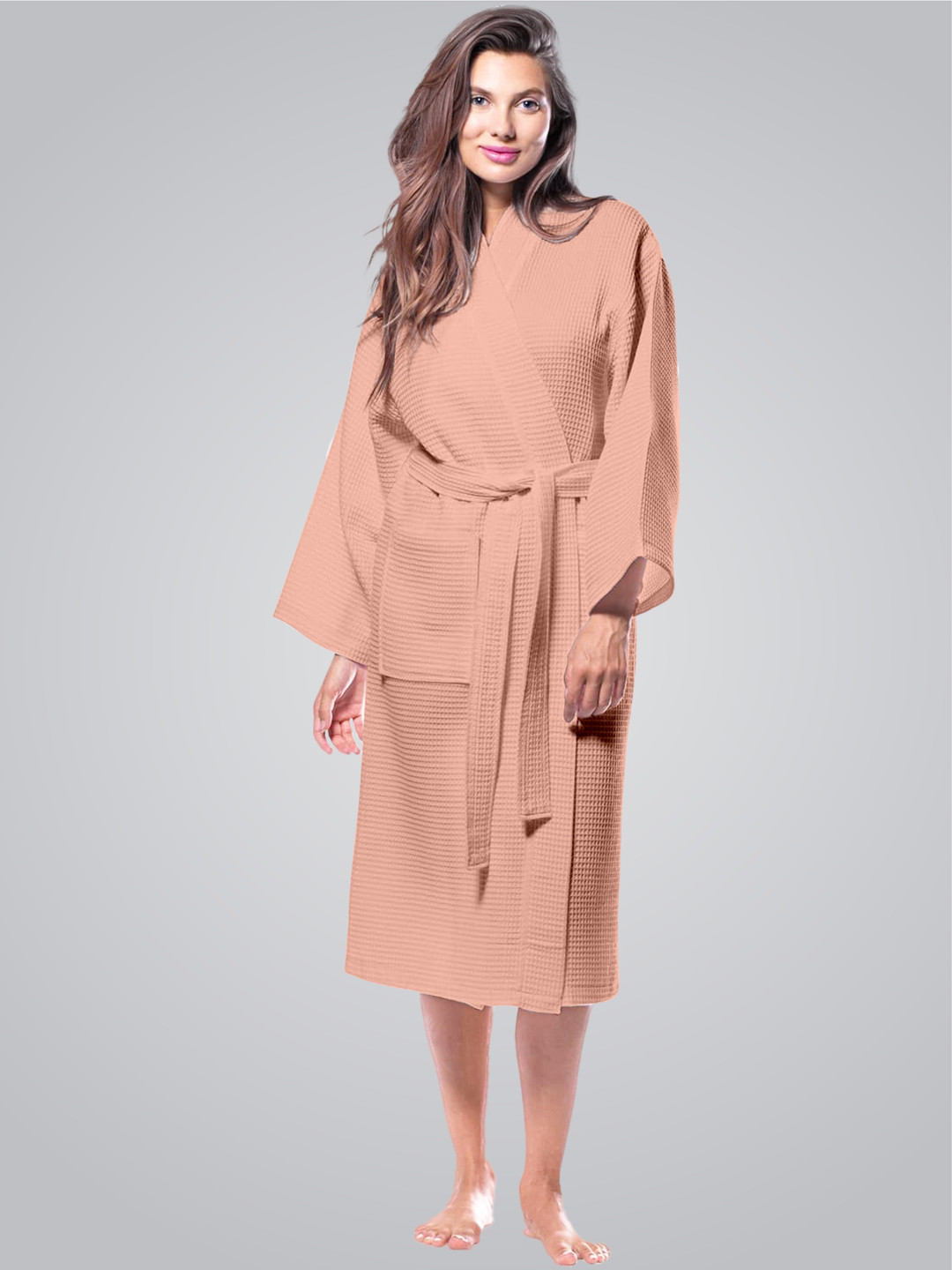Enchant Home Peach Self Design Cotton Drawstring Midi Bath Robe