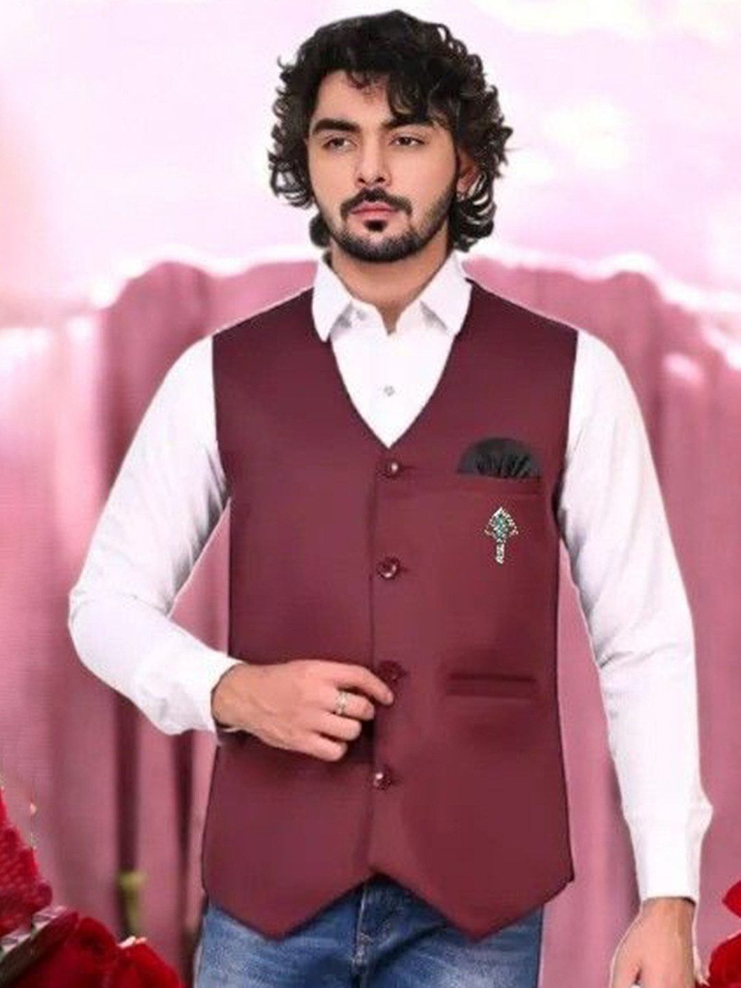 Seetoo V Neck Woven Design Formal Waistcoat With Brooch