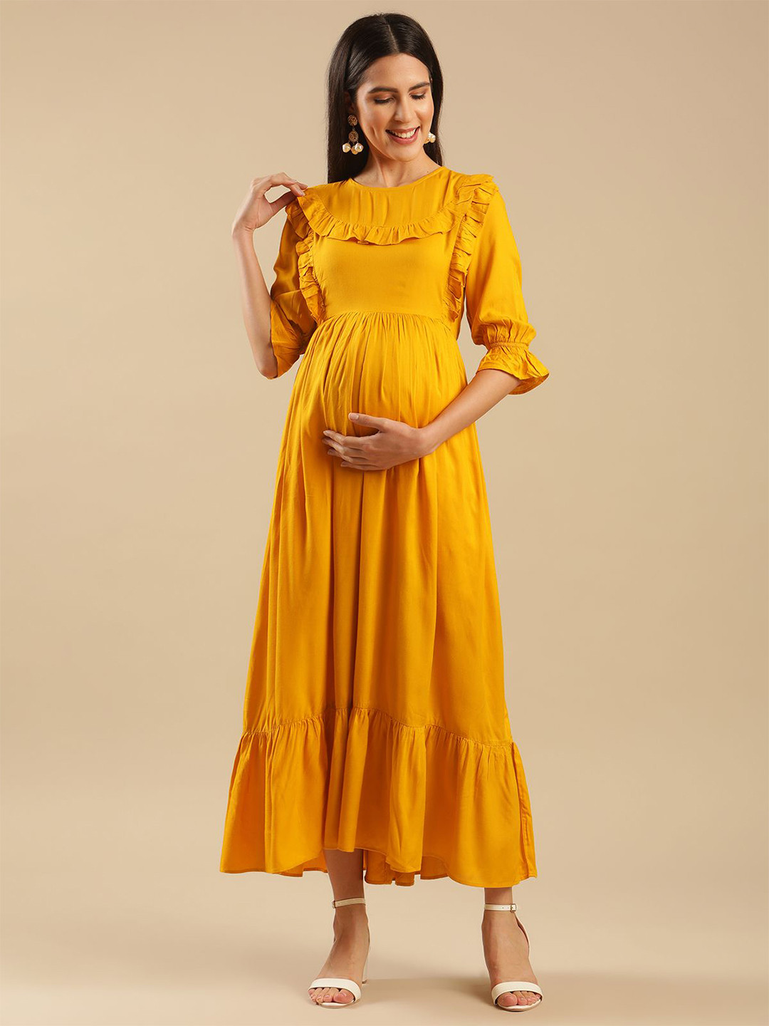 Shades of Sabi Solid Round Neck Gown Maternity Dress