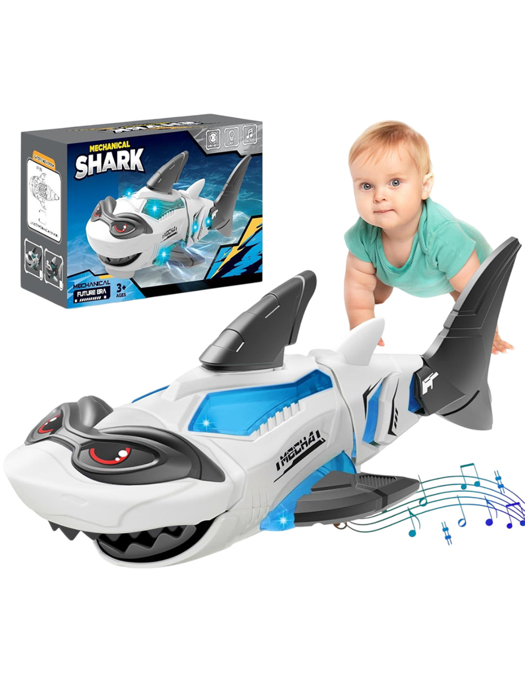 ADKD Kids Crawling Mechanical Shark Toy With Lights Music & Mouth Opening Action Toy