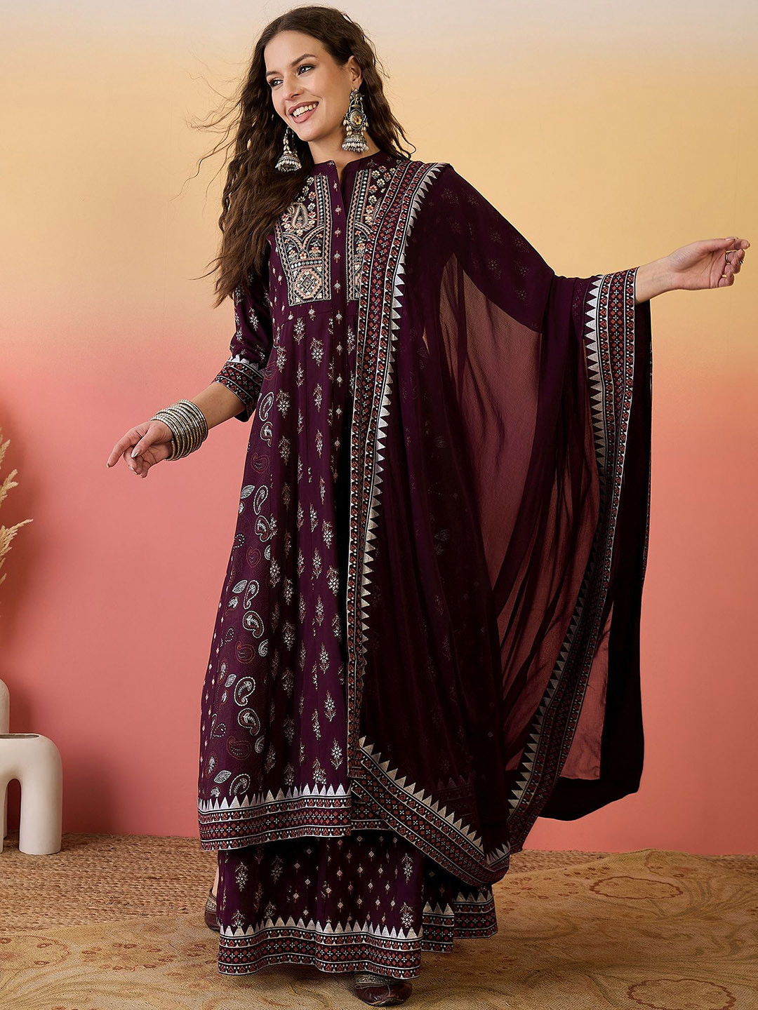 Sangria Women Embroidered Anarkali Kurta Set With Dupatta