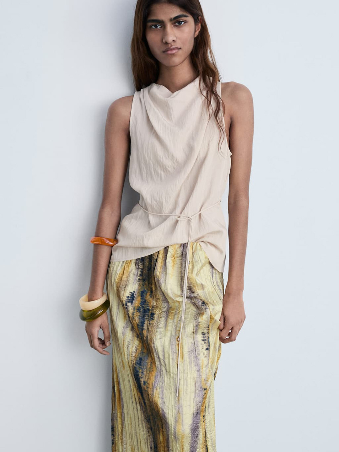 MANGO Crinkled Effect Cowl Neck Top with Belt