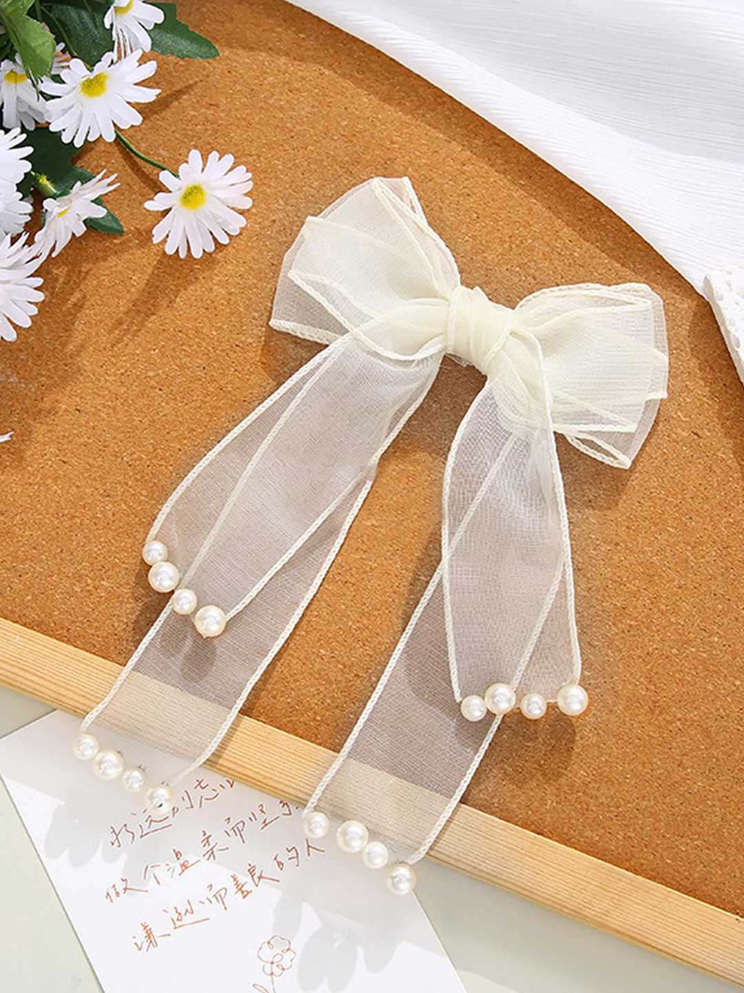 LYKAA Set of 1 White Hair Ribbon Pearl Bow with Alligator Clip
