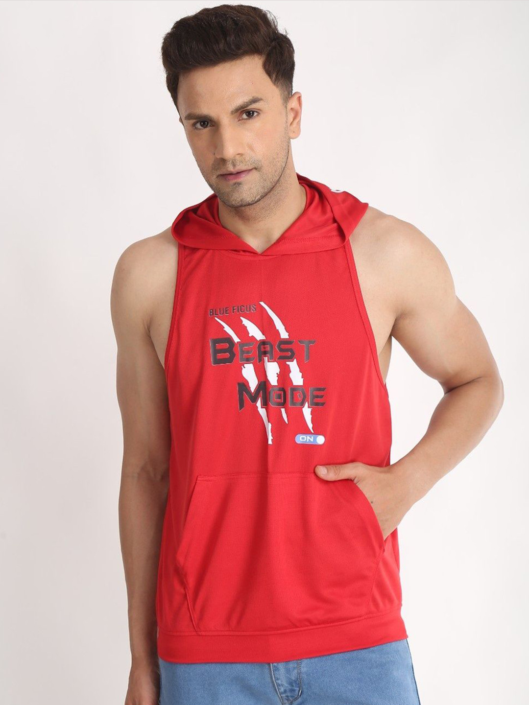 BLUEFICUS Printed Cotton Hooded Vest A_301-Gym Hooded Vest-Red-M