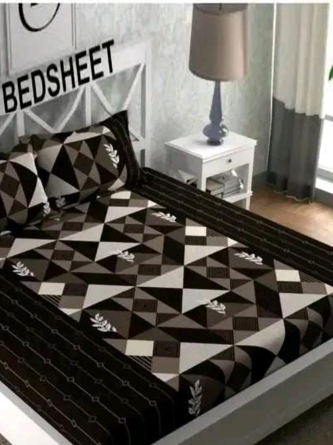 DECENT HOME Brown Geometric Cotton 220 TC Fitted Queen Fine Bedsheet with 2 Pillow Covers-270 x 225 cm