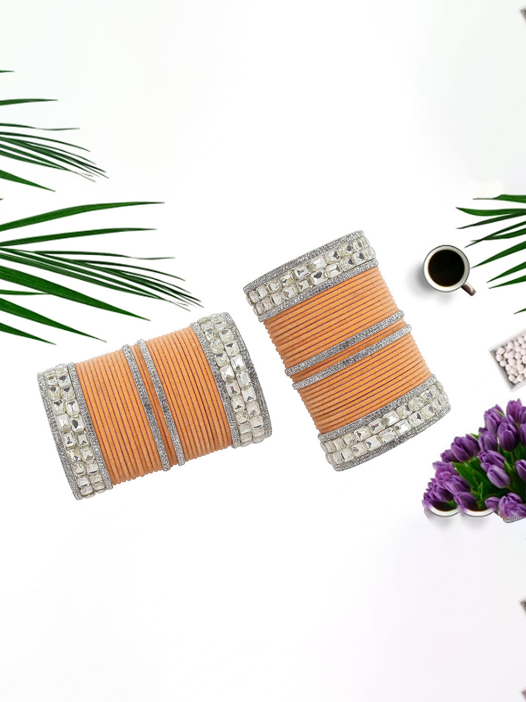ZULKA Set Of 68 Silver-Plated Metal With Cubic Zircon Gemstone And Velvet Studded Bangles