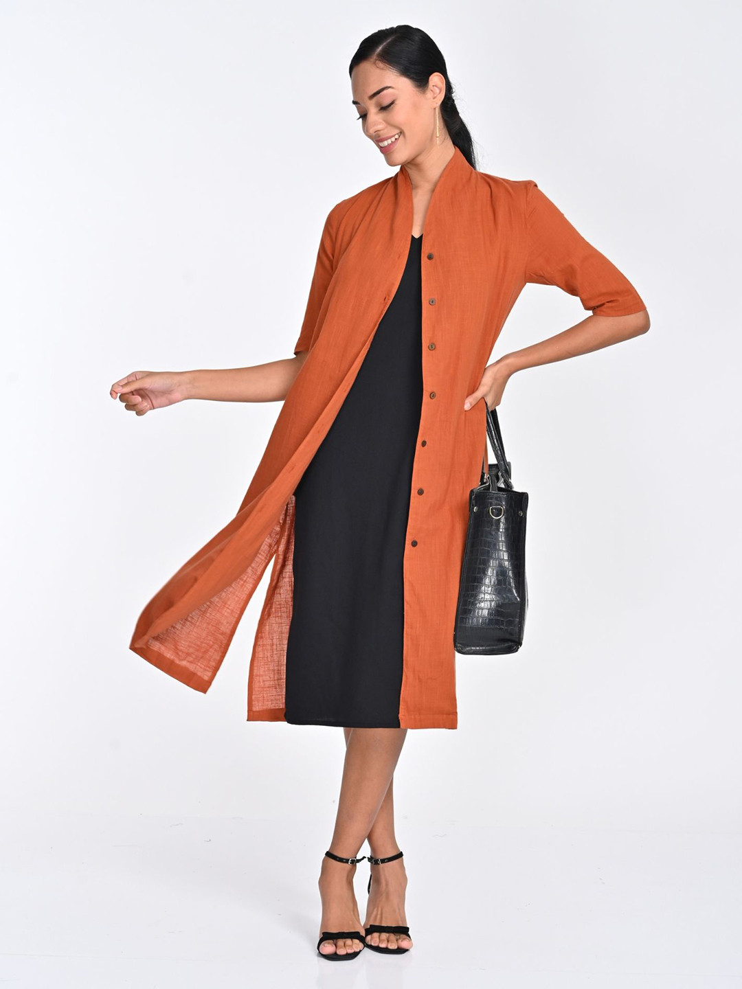 Saltpetre Women Orange Drapery Long Shirt Overlay With Black Midi Dress Set