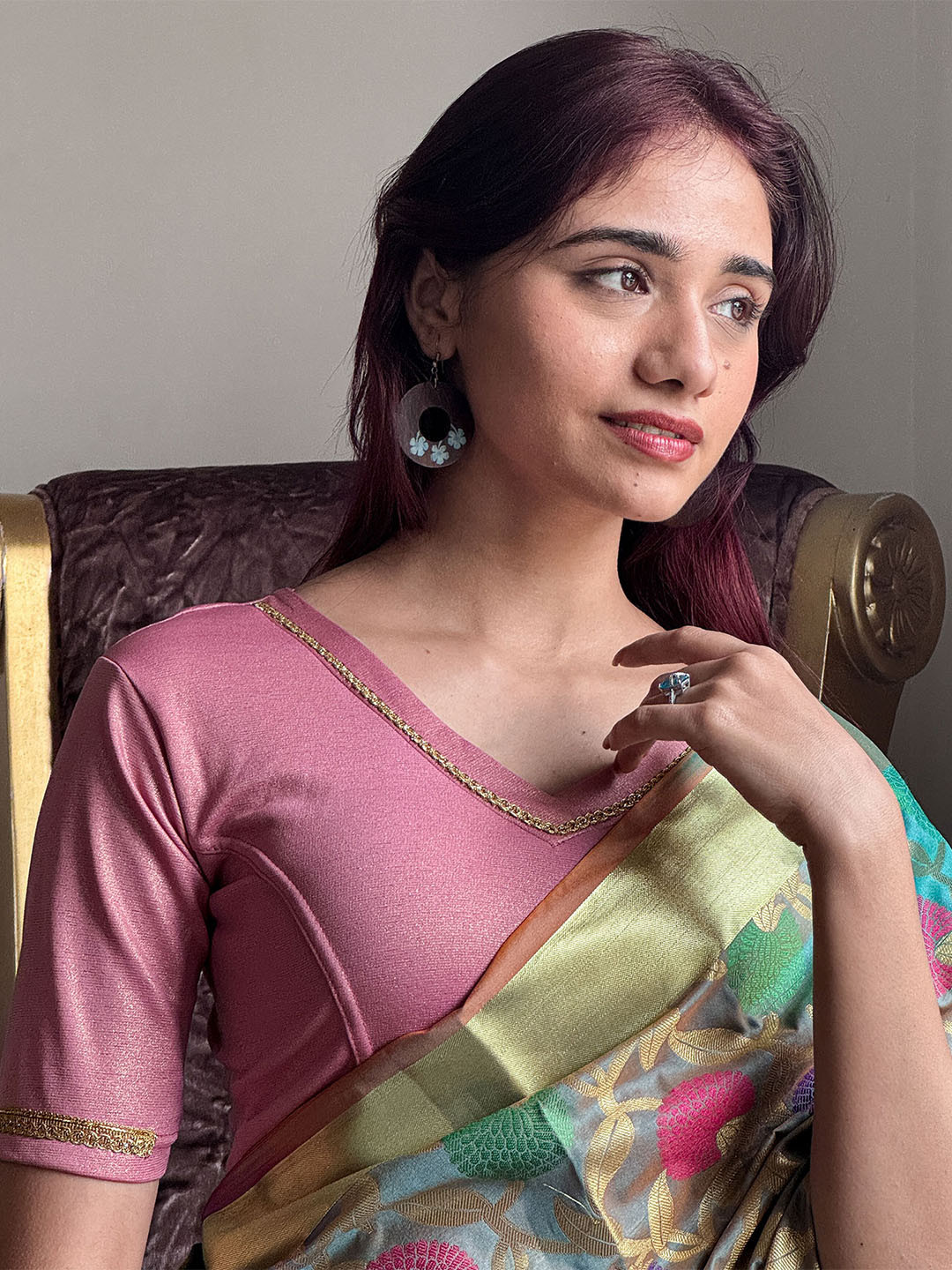 Bindigasm's Advi Nohreen Shimmering Solid V Neck Gold Lace Stretchable Slip On Blouse