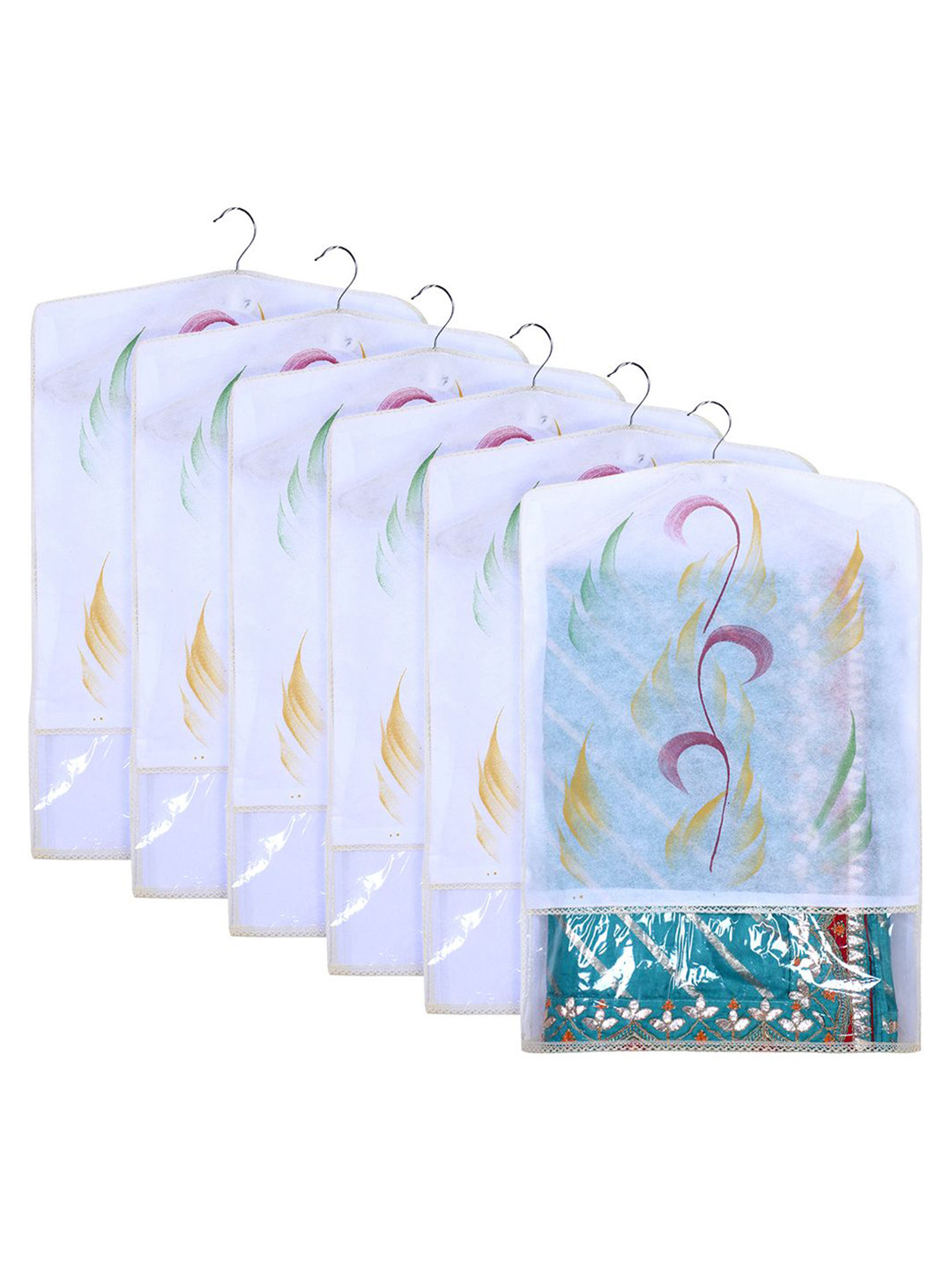 Kuber Industries Yellow & Transparent Set of 6 Printed Hanging Saree Covers