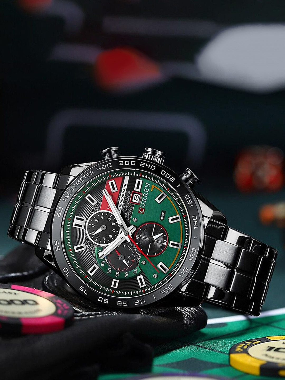 Curren Men Brass Dial & SS Bracelet Style Straps Analogue Watch CR-8410-Black Green