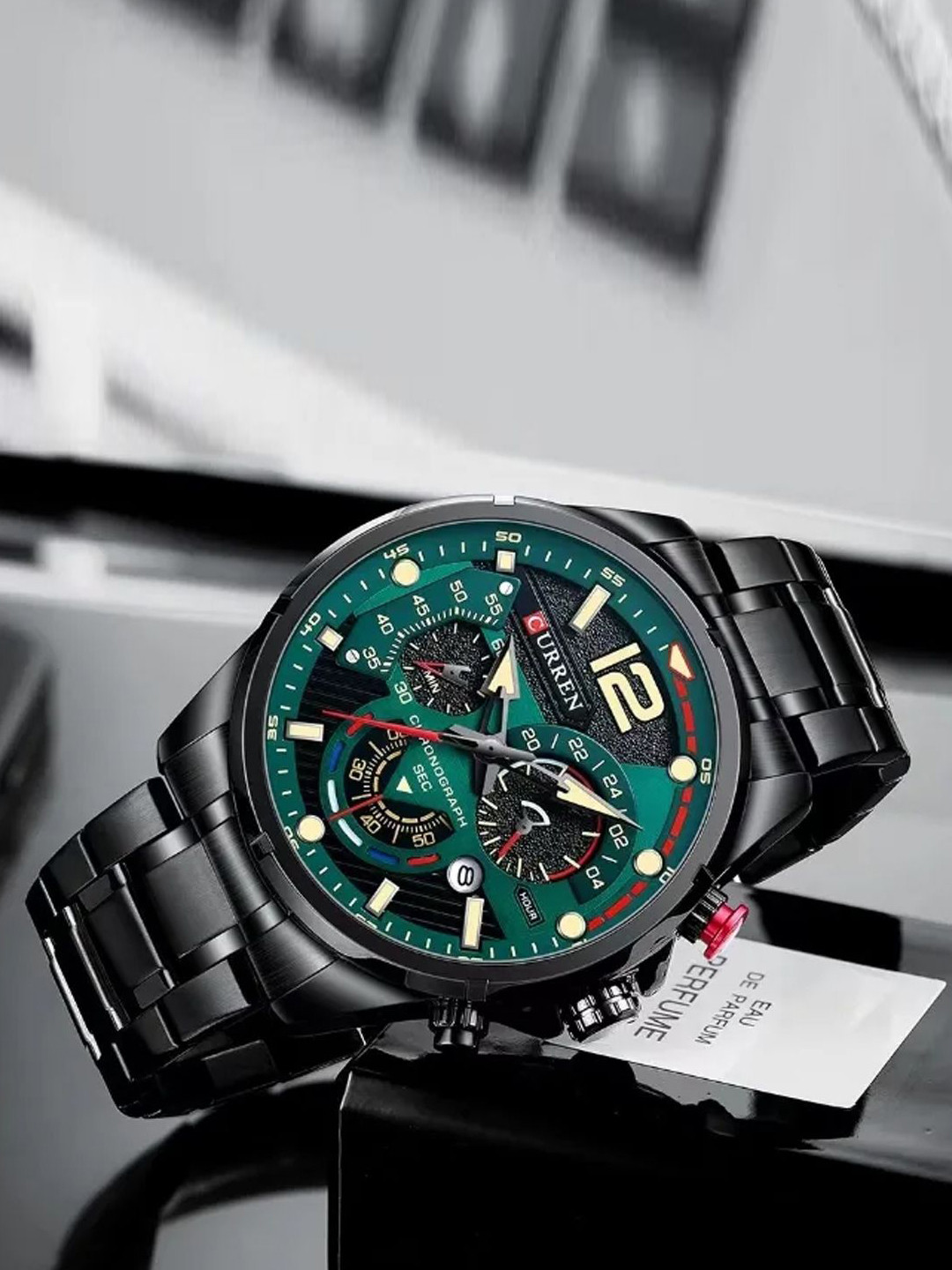 Curren Men Brass Dial & Stainless Steel Bracelet Style Straps Analogue Watch CR-8395-Black Green