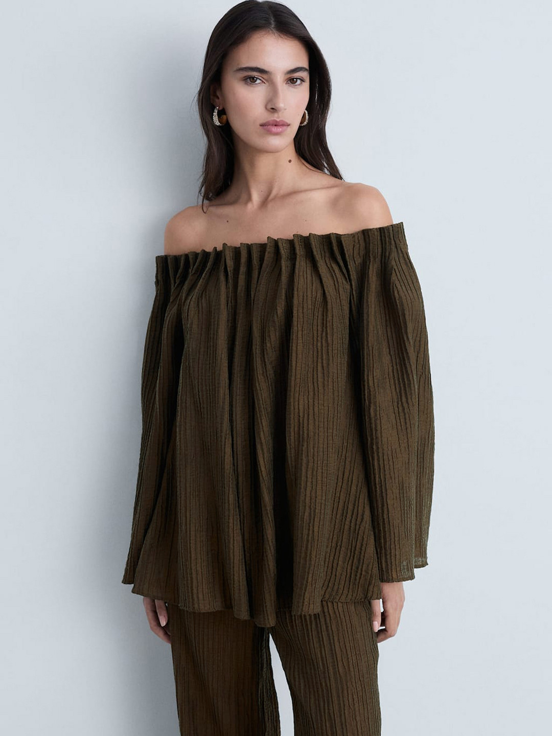 MANGO Self-Striped Plisse Effect Off-Shoulder Flared Sleeves Bardot Top