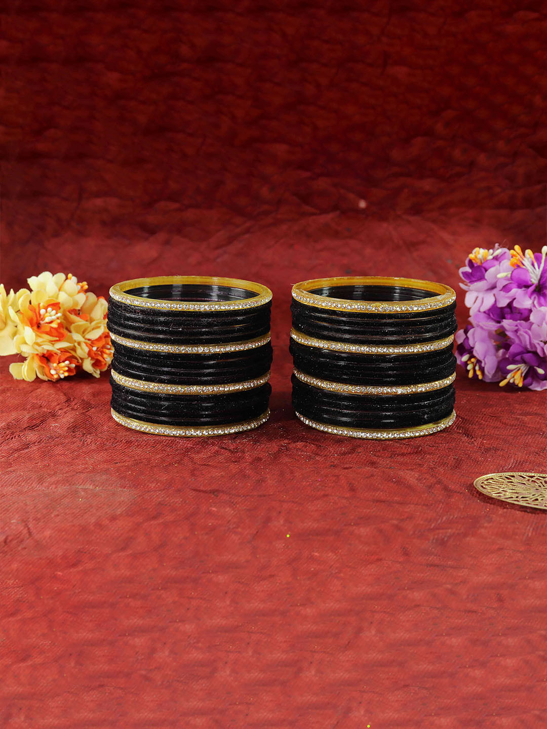 ZULKA Set Of 32 Glass With Velvet & Golden Zircon Diamond Studded Bangles