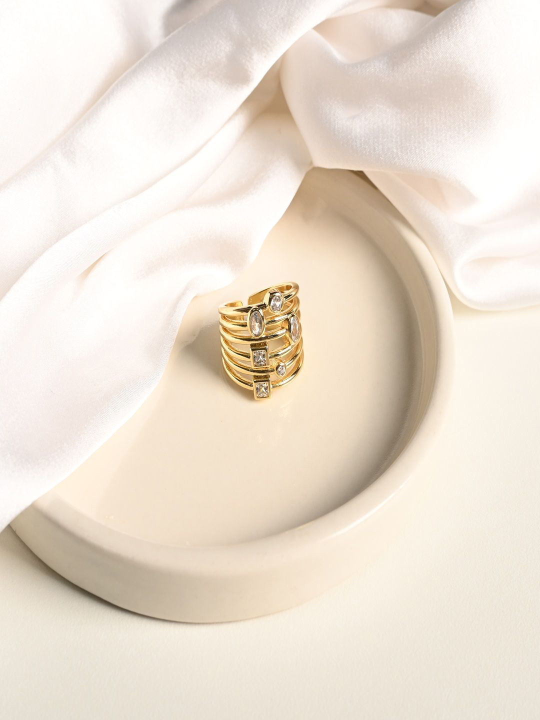 Nirvana Gold-Plated Cubic Zirconia Studded Band Adjustable Finger Ring